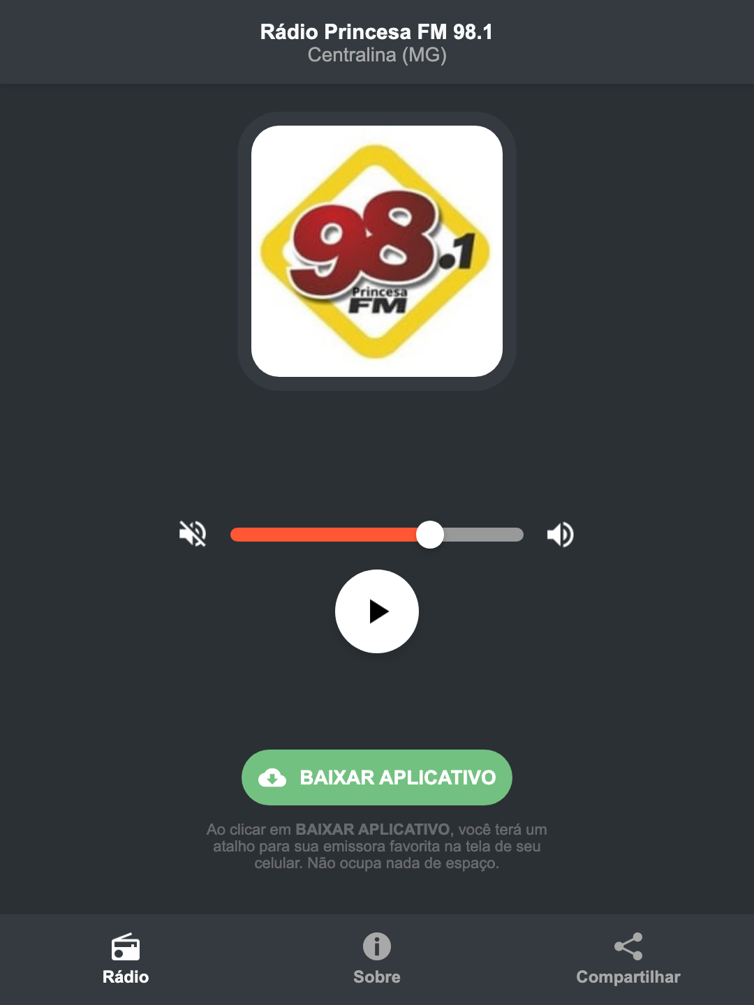 Screenshot do aplicativo da Rádio Princesa FM 98.1