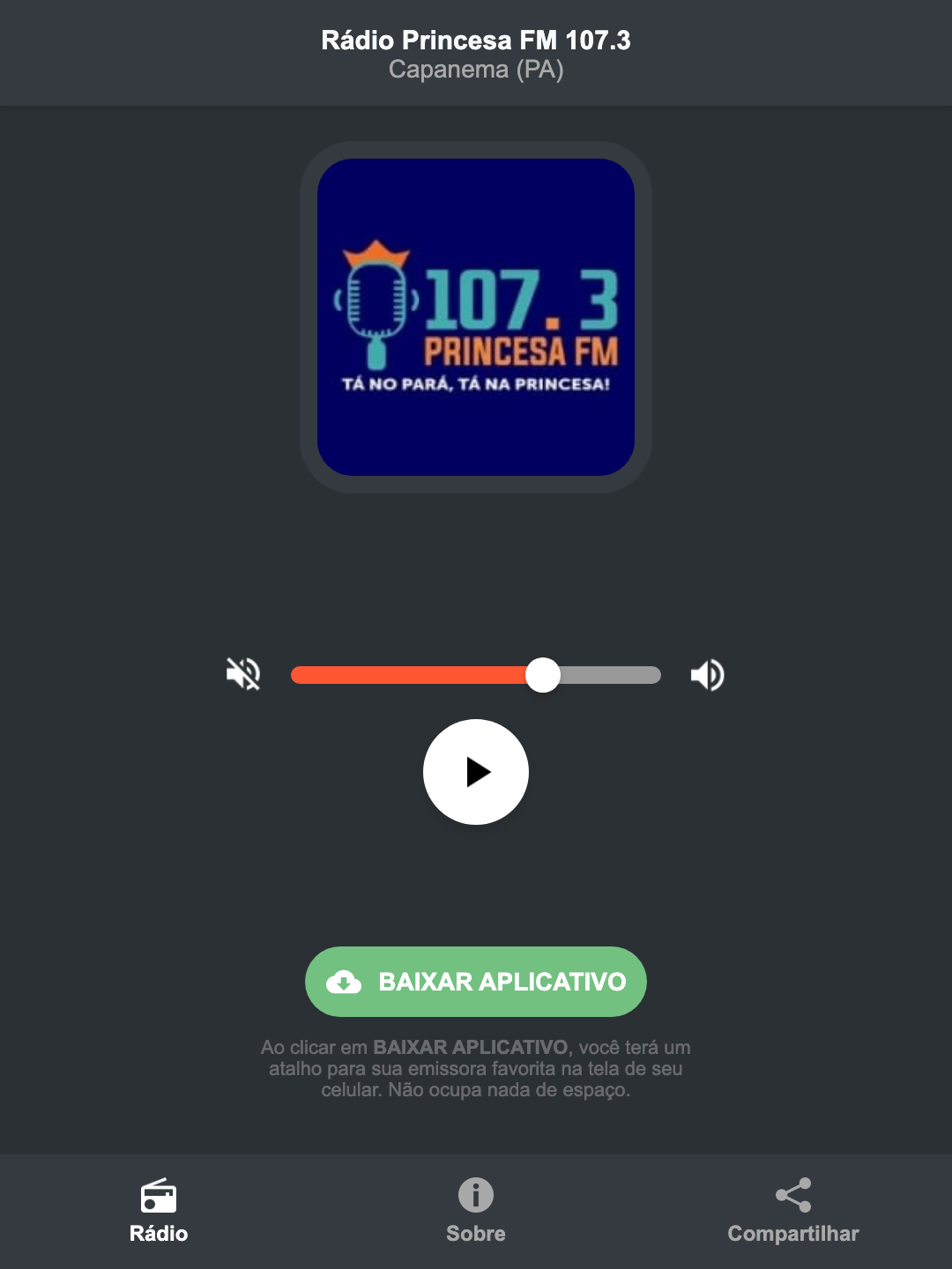 Screenshot do aplicativo da Rádio Princesa FM 107.3