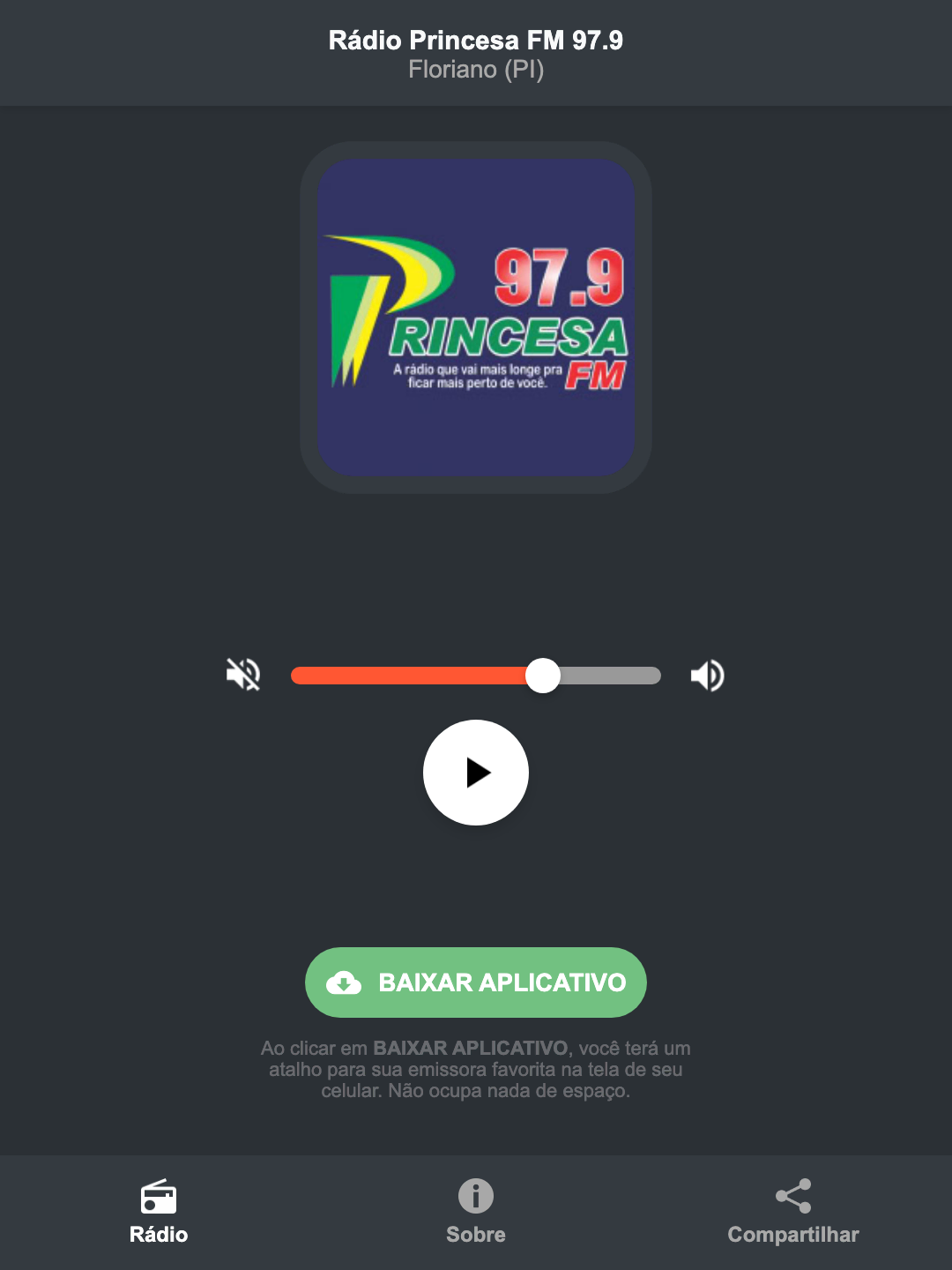 Screenshot do aplicativo da Rádio Princesa FM 97.9