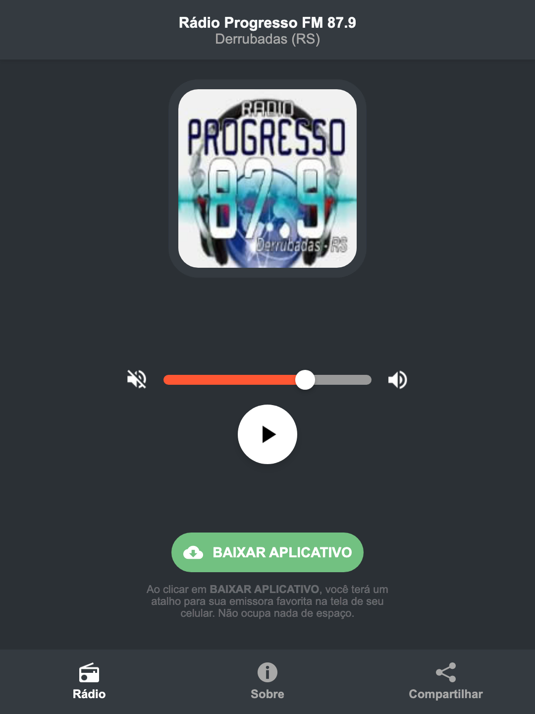 Screenshot do aplicativo da Rádio Progresso FM 87.9