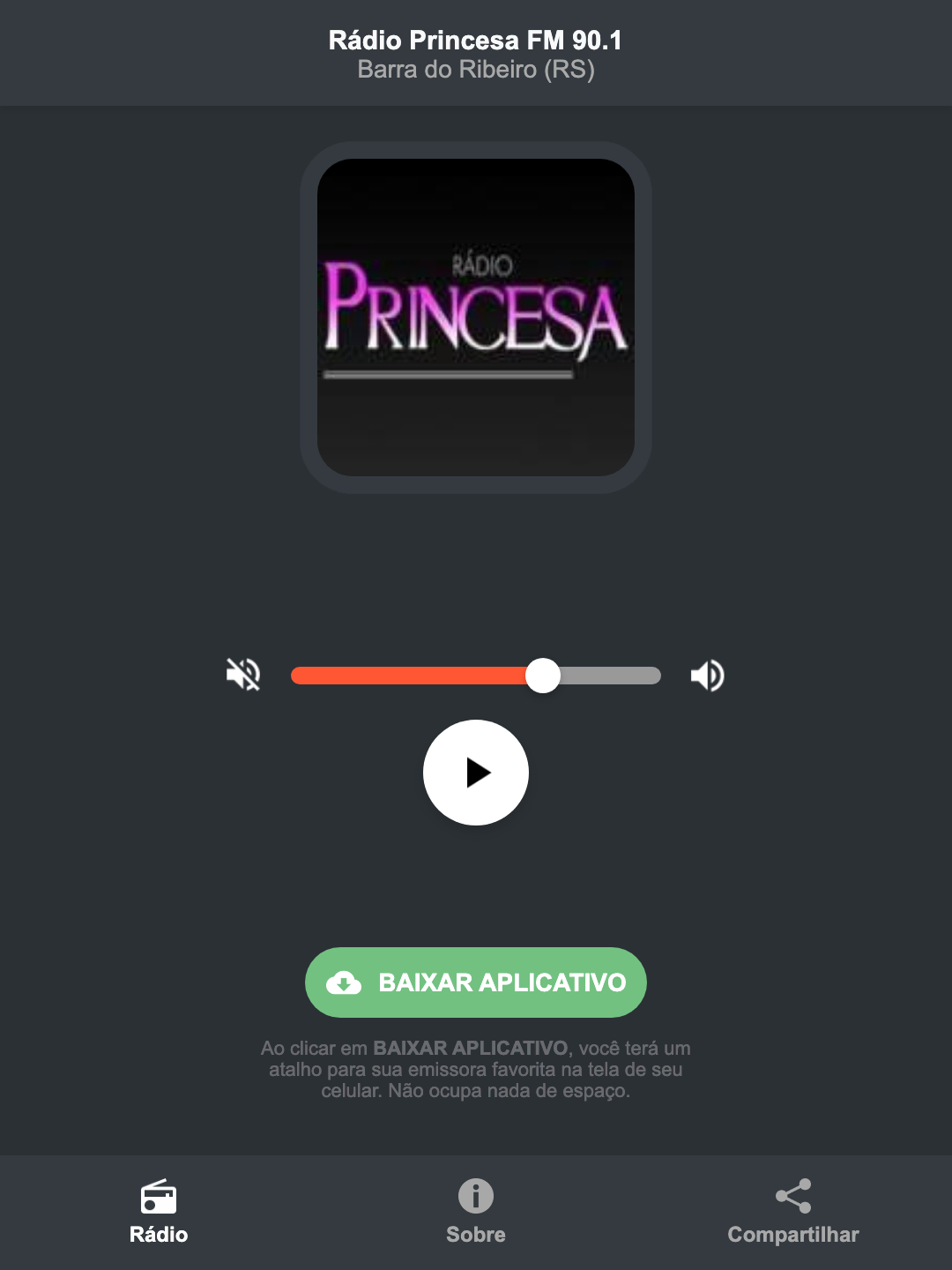 Screenshot do aplicativo da Rádio Princesa FM 90.1