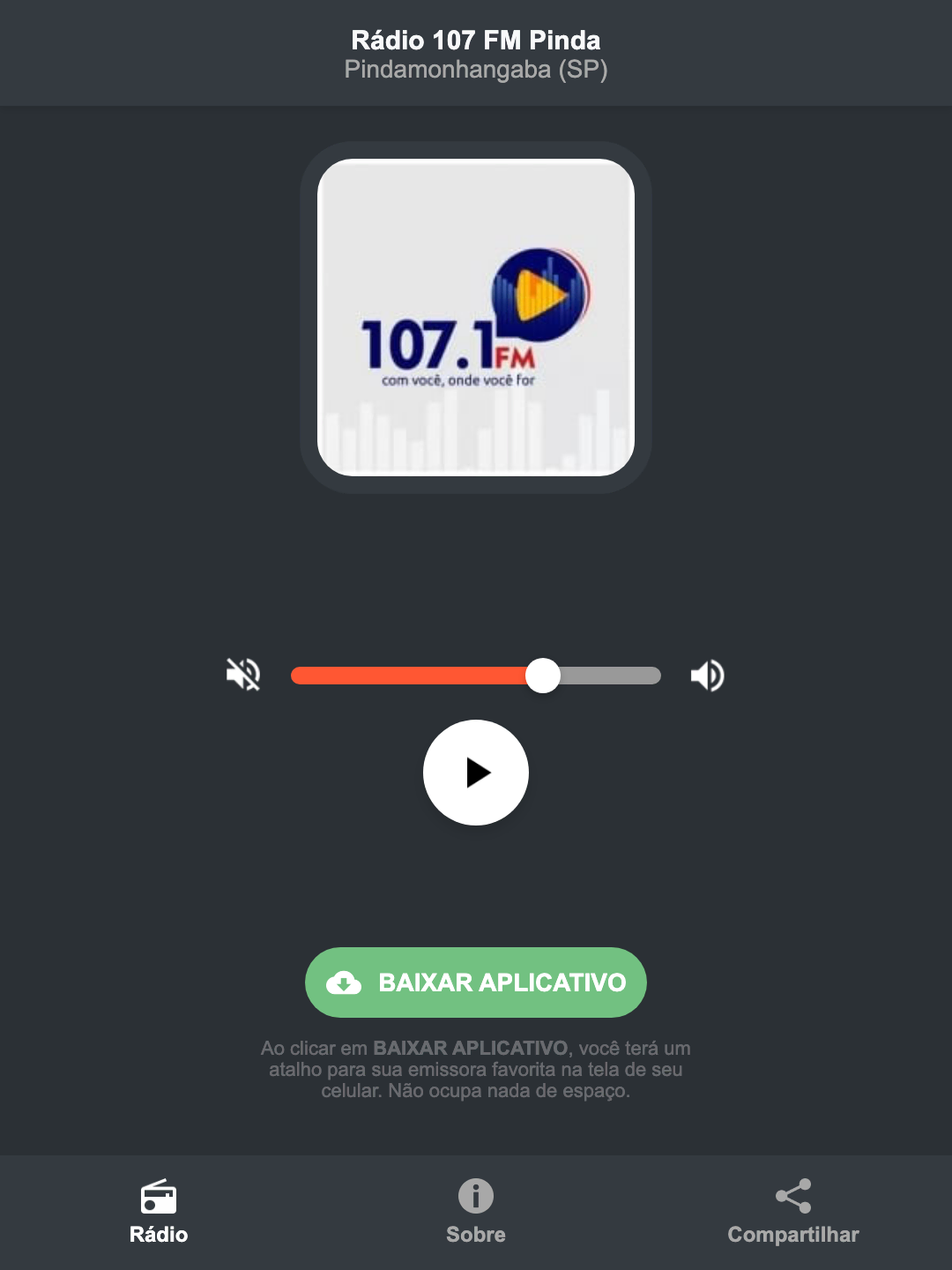 Screenshot do aplicativo da Rádio 107 FM Pinda