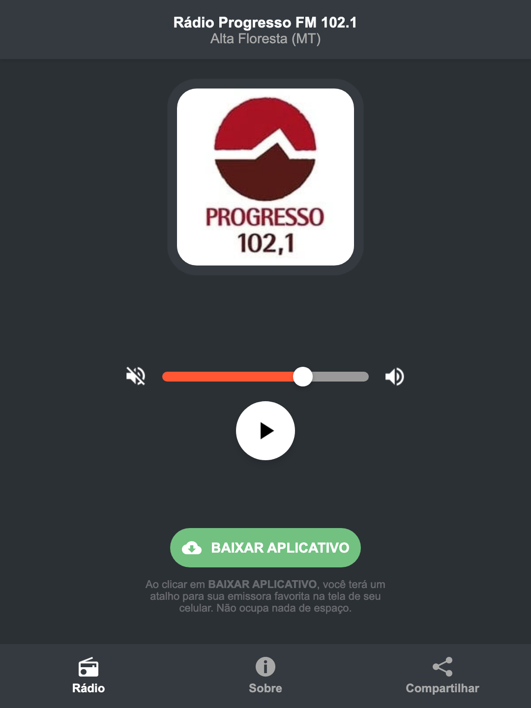 Screenshot do aplicativo da Rádio Progresso FM 102.1
