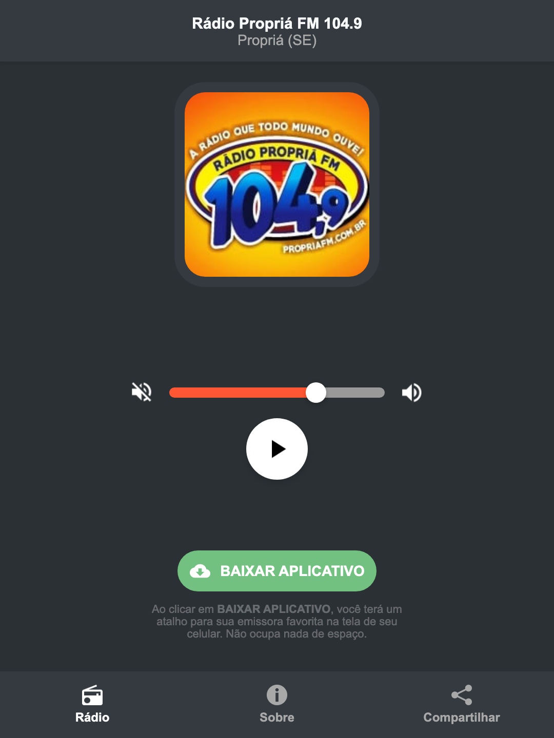Screenshot do aplicativo da Rádio Propriá FM 104.9