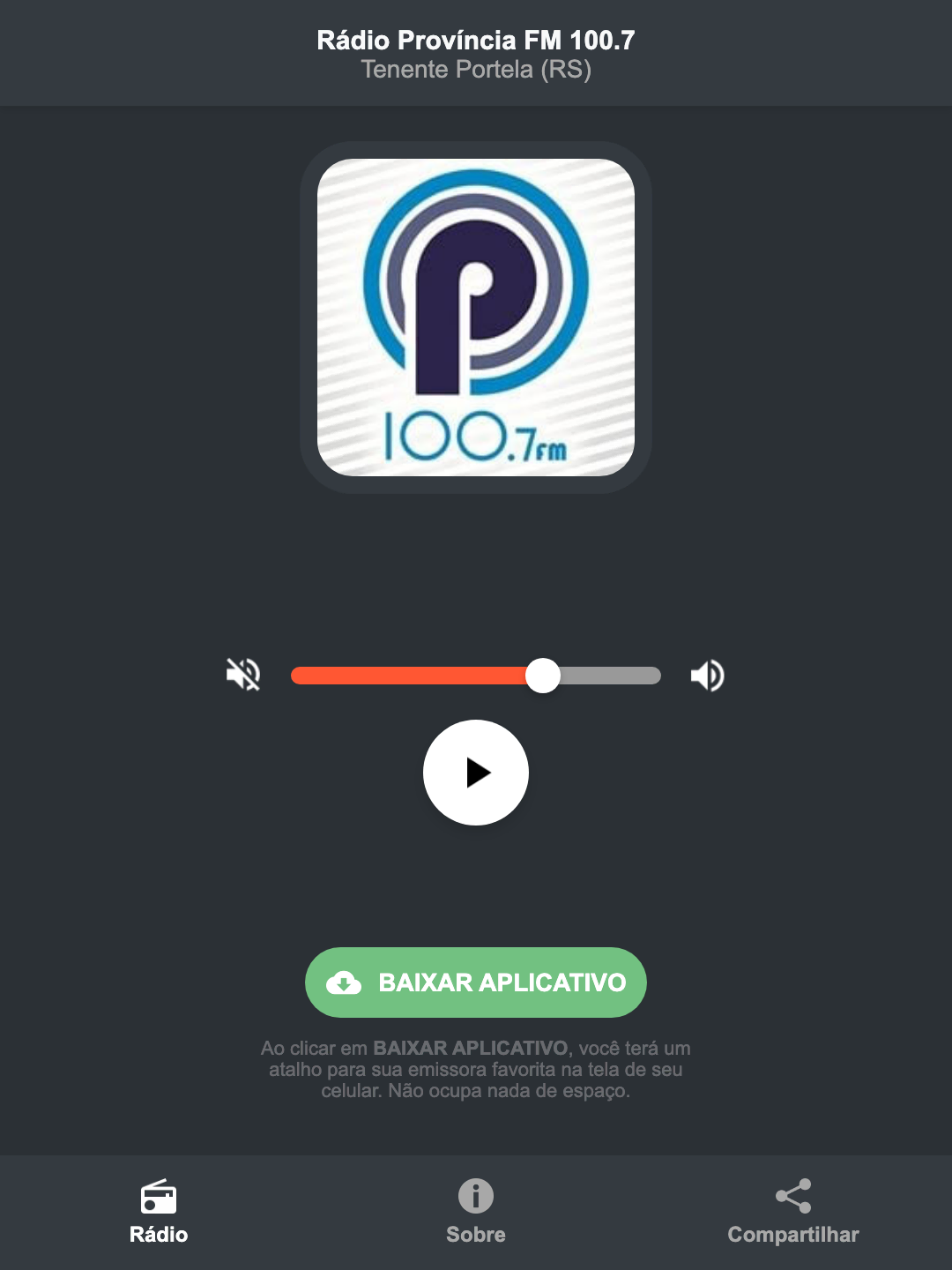 Screenshot do aplicativo da Rádio Província FM 100.7