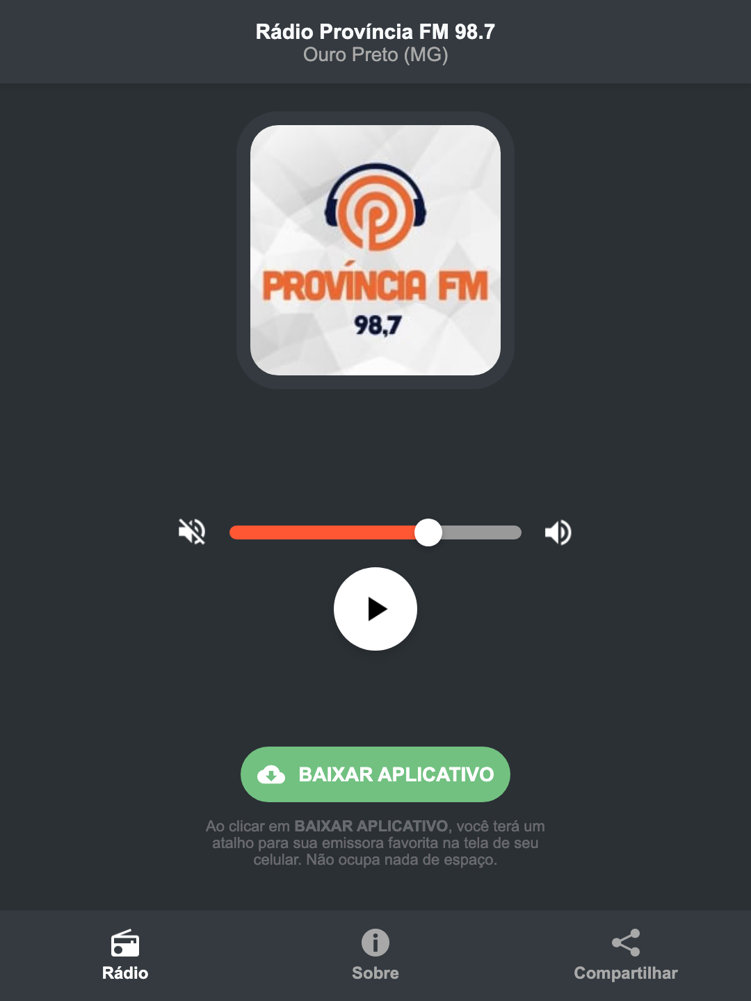 Screenshot do aplicativo da Rádio Província FM 98.7