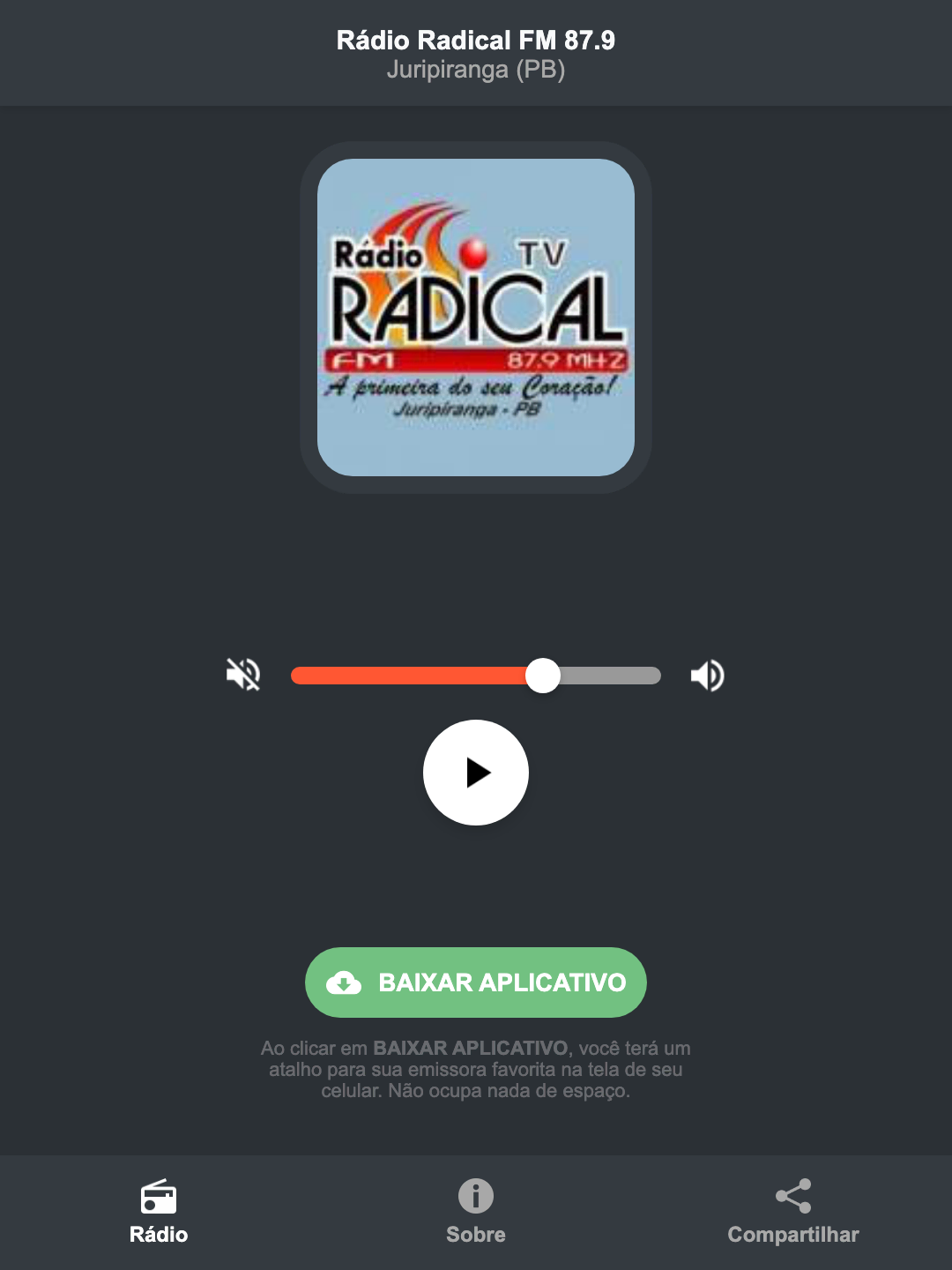 Screenshot do aplicativo da Rádio Radical FM 87.9