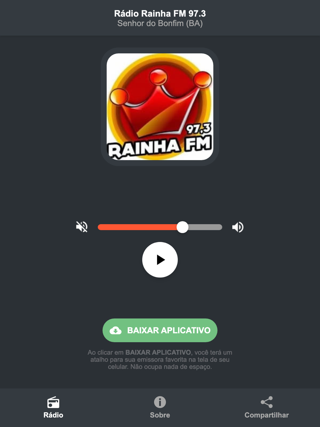 Screenshot do aplicativo da Rádio Rainha FM 97.3