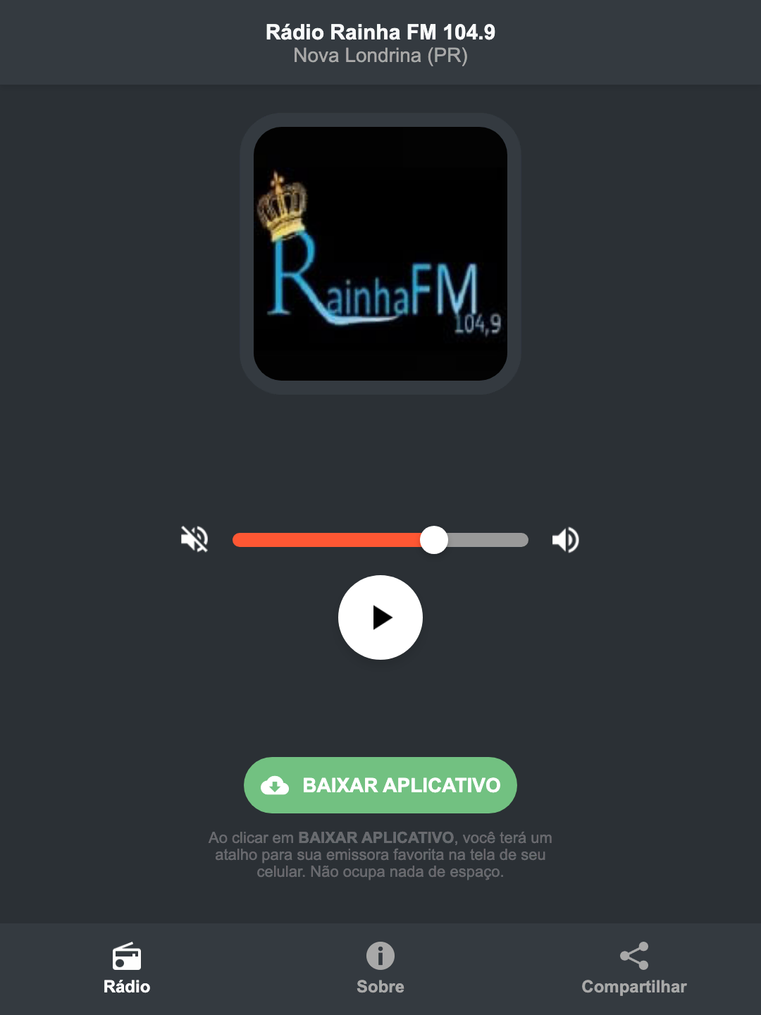 Screenshot do aplicativo da Rádio Rainha FM 104.9