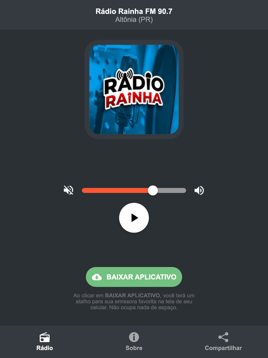 Screenshot do aplicativo da Rádio Rainha FM 90.7