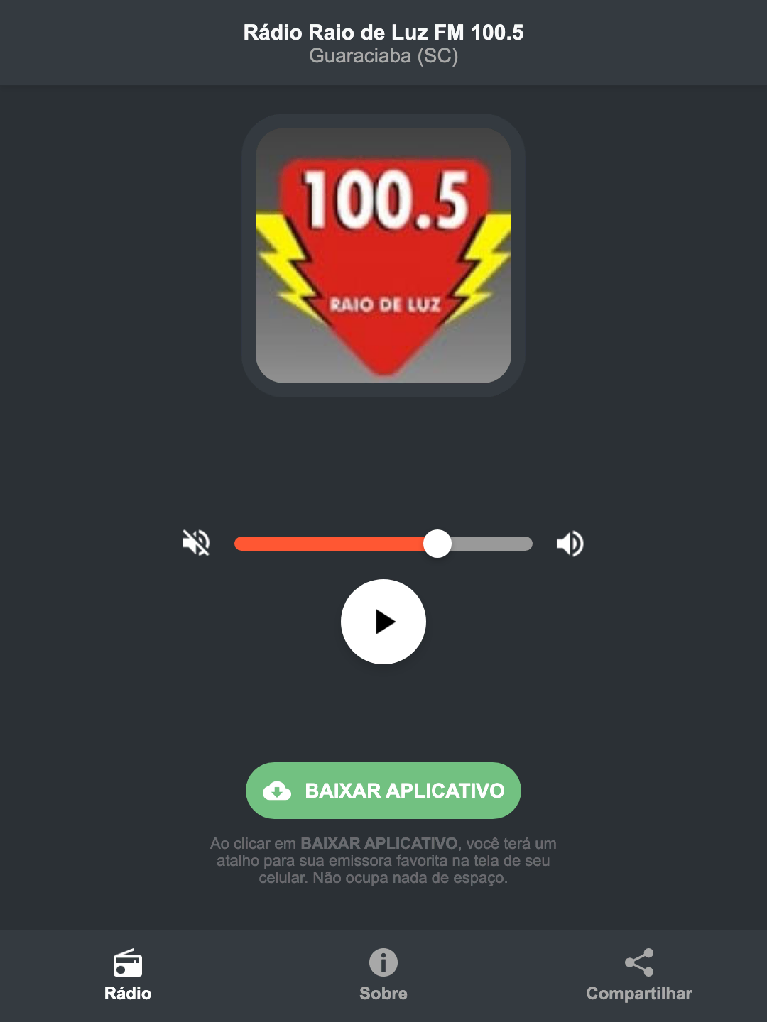 Screenshot do aplicativo da Rádio Raio de Luz FM 100.5