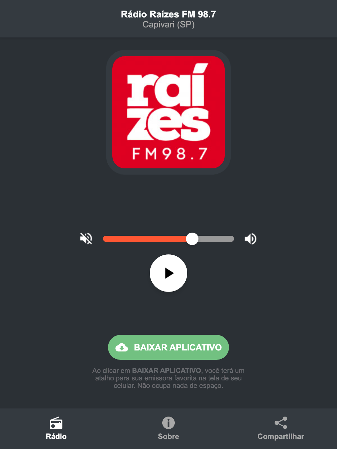 Screenshot do aplicativo da Rádio Raízes FM 98.7