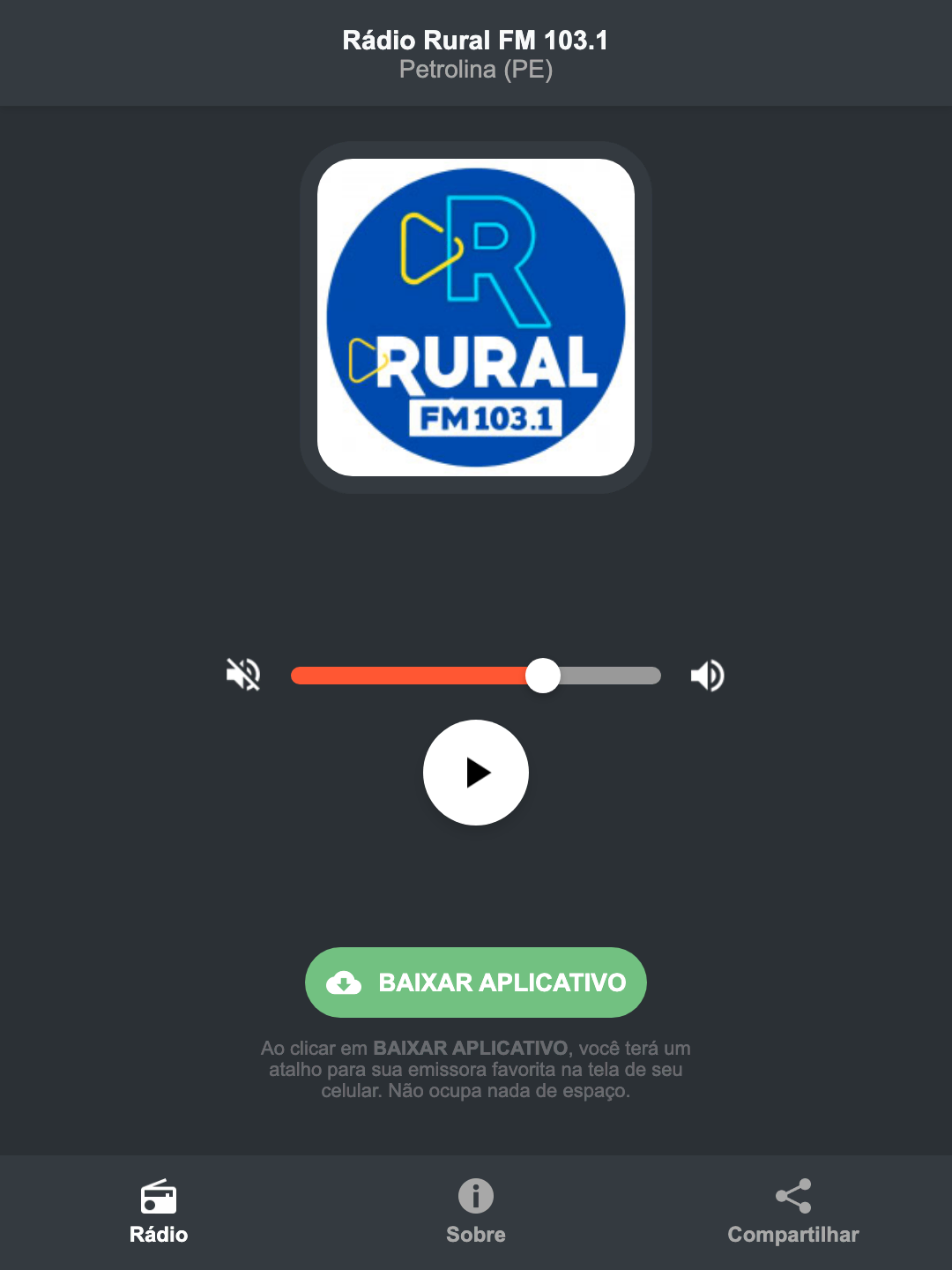 Screenshot do aplicativo da Rádio Rural FM 103.1