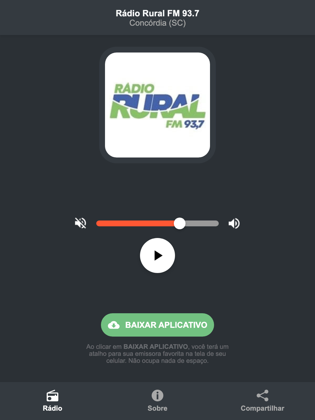 Screenshot do aplicativo da Rádio Rural FM 93.7