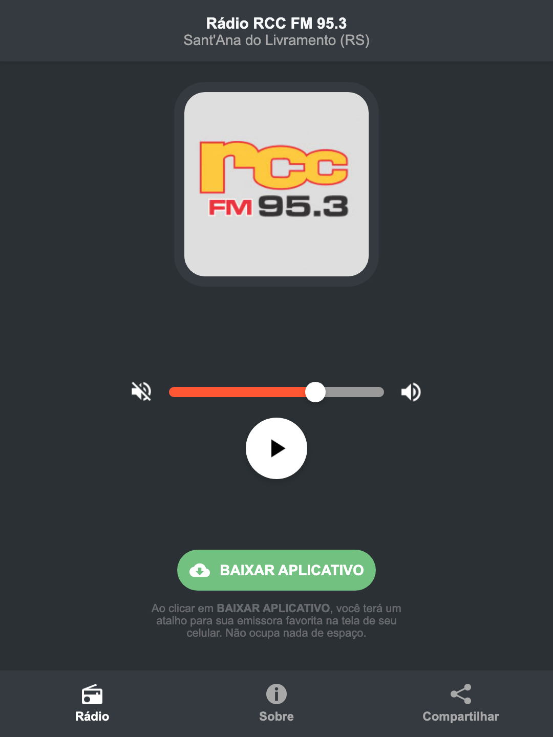 Screenshot do aplicativo da Rádio RCC FM 95.3