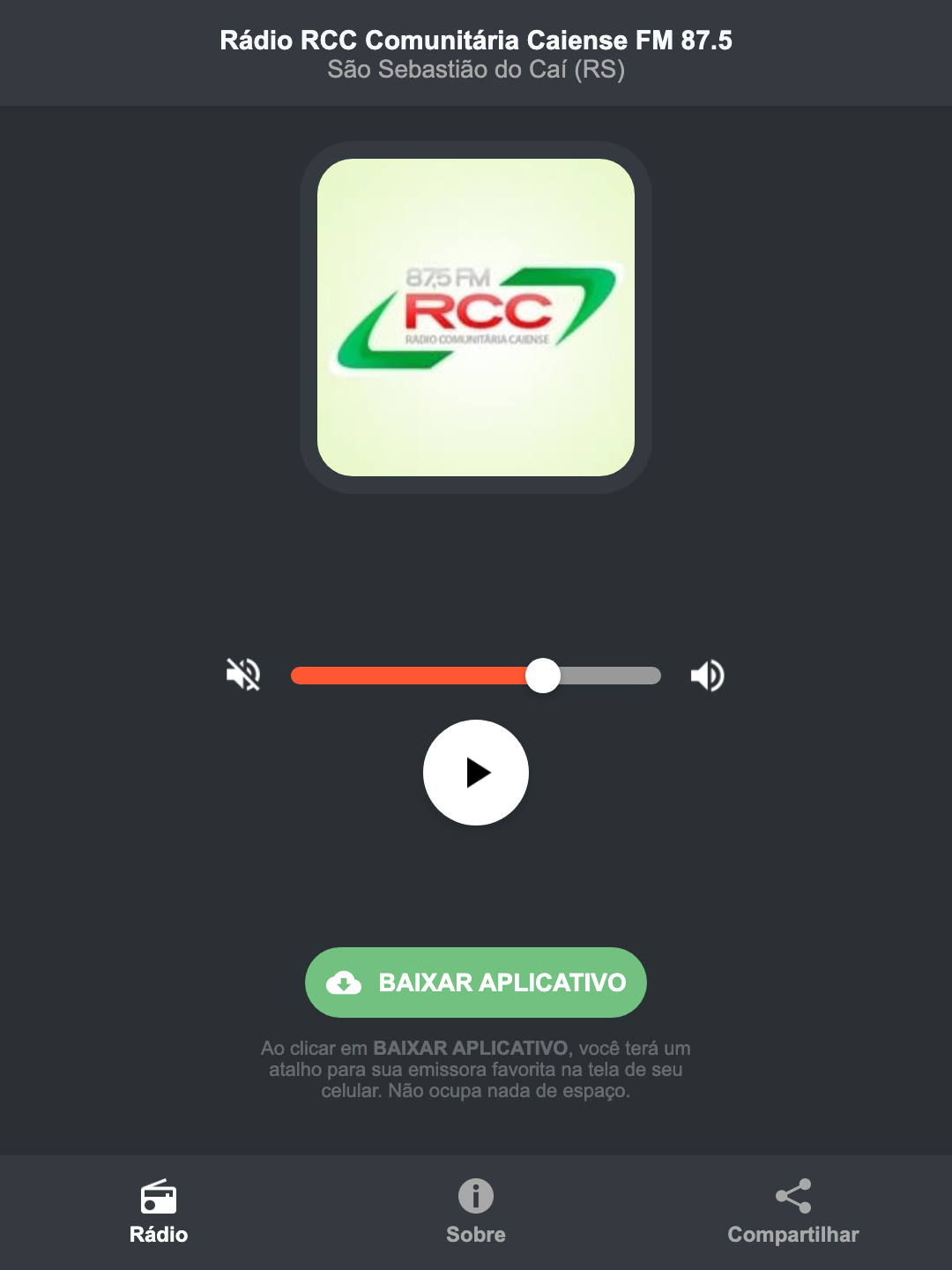Screenshot do aplicativo da Rádio RCC Comunitária Caiense FM 87.5