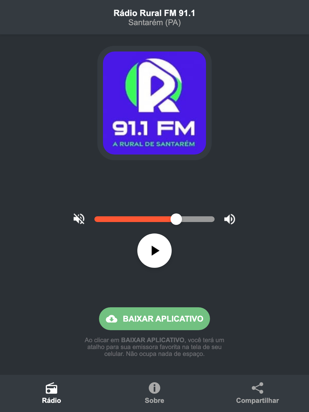 Screenshot do aplicativo da Rádio Rural FM 91.1