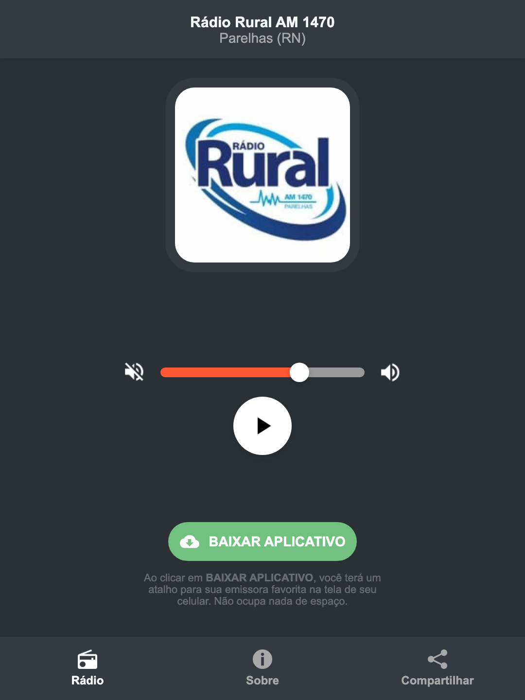 Screenshot do aplicativo da Rádio Rural AM 1470