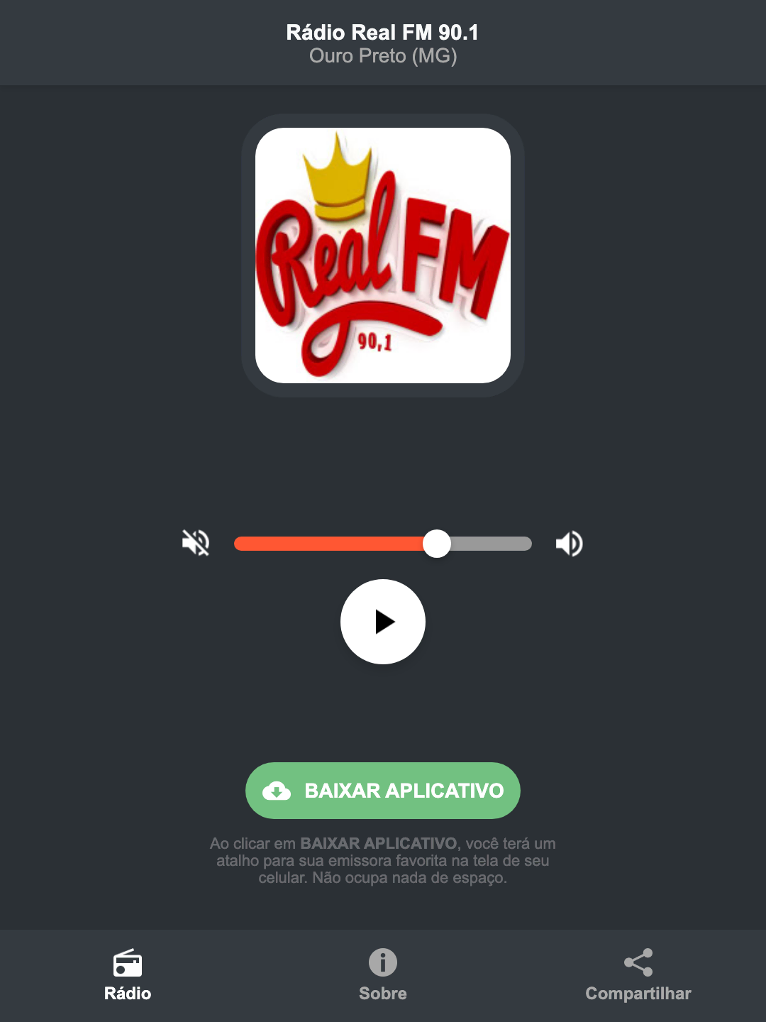 Screenshot do aplicativo da Rádio Real FM 90.1