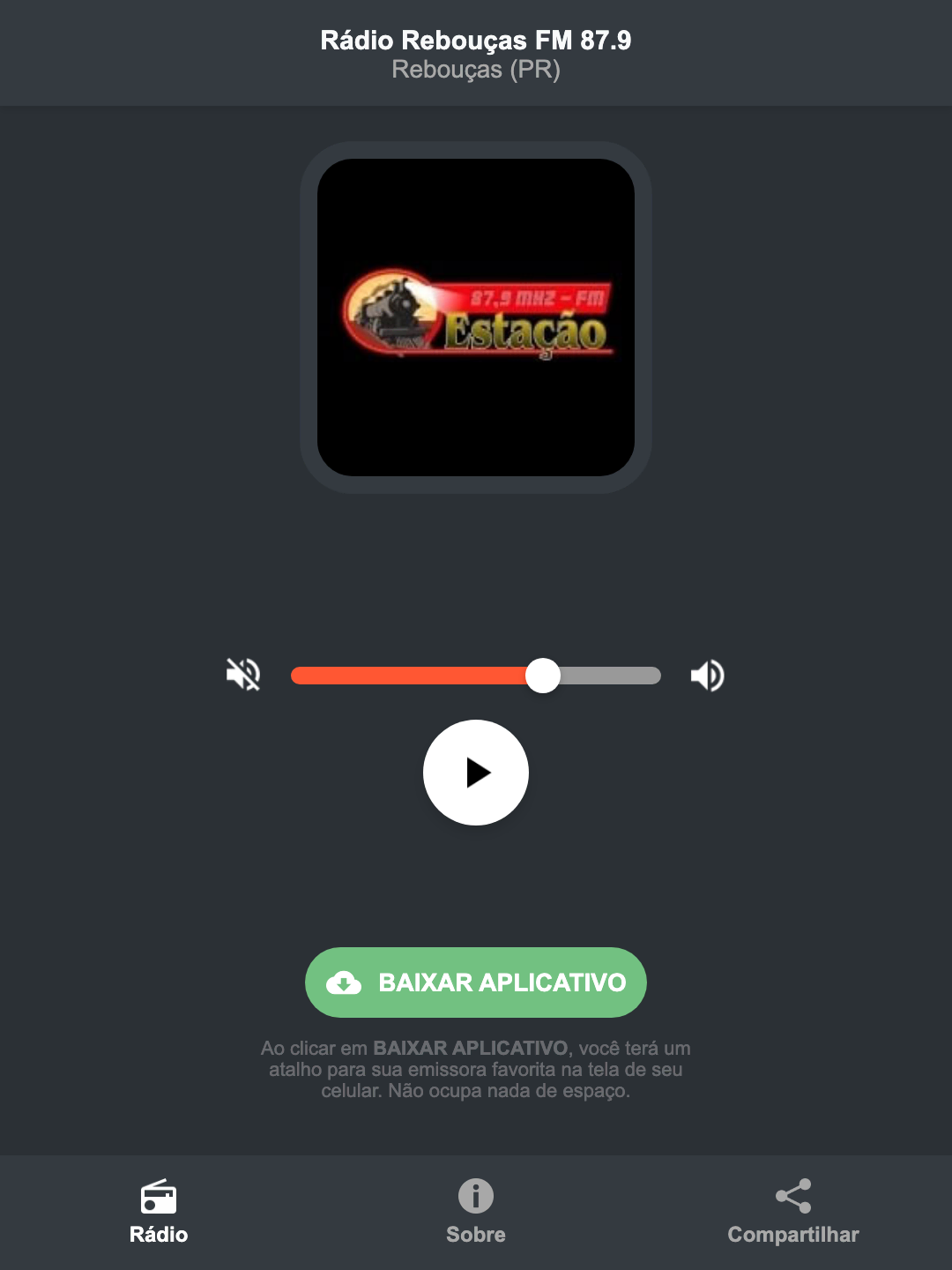 Screenshot do aplicativo da Rádio Rebouças FM 87.9