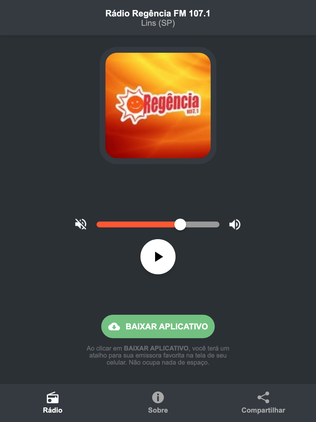 Screenshot do aplicativo da Rádio Regência FM 107.1