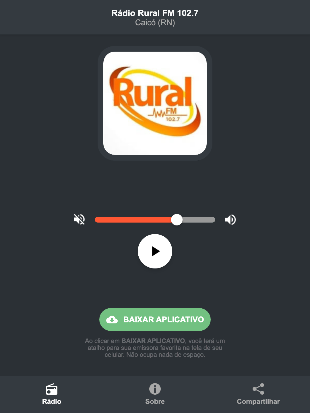 Screenshot do aplicativo da Rádio Rural FM 102.7