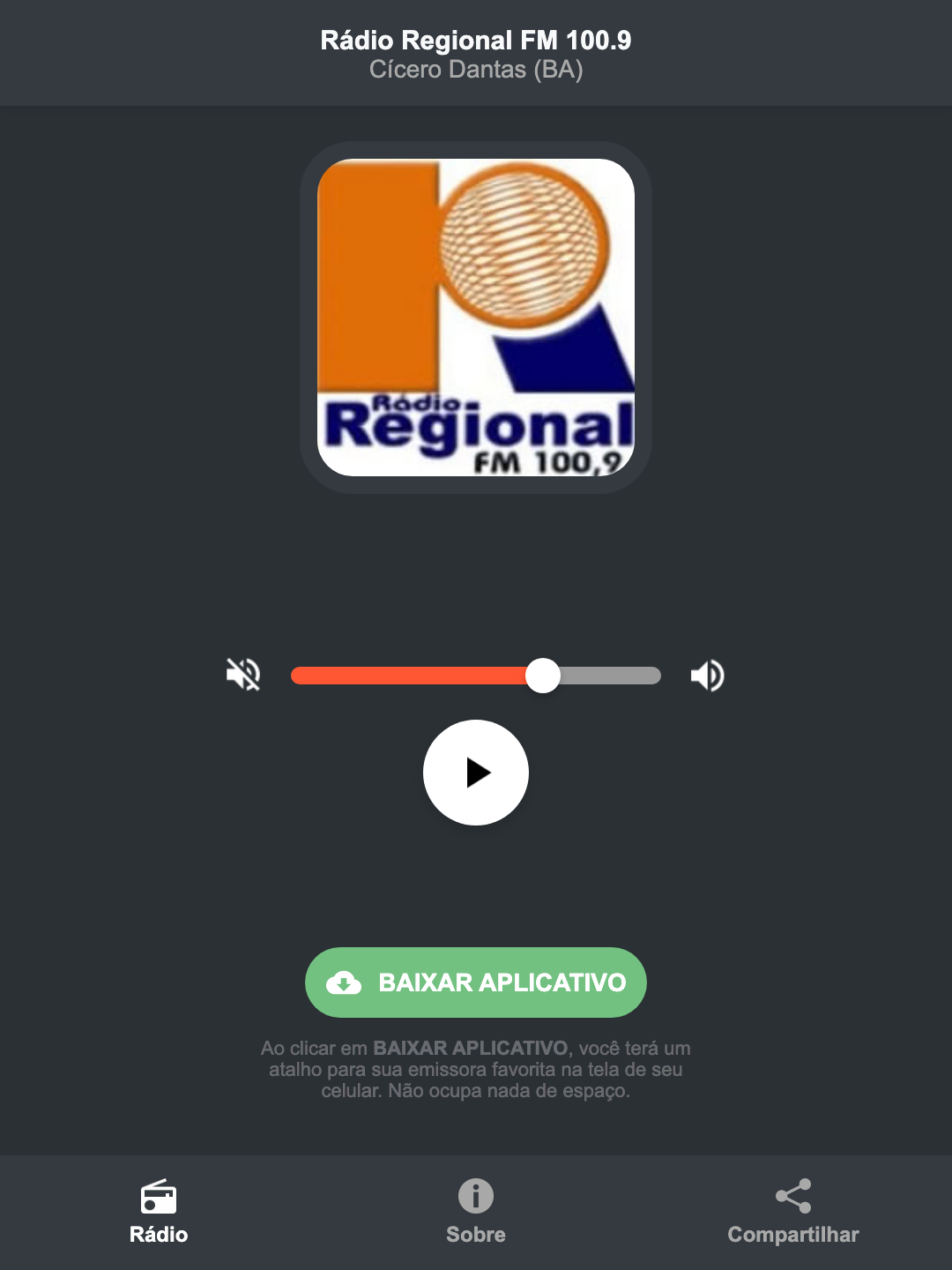 Screenshot do aplicativo da Rádio Regional FM 100.9