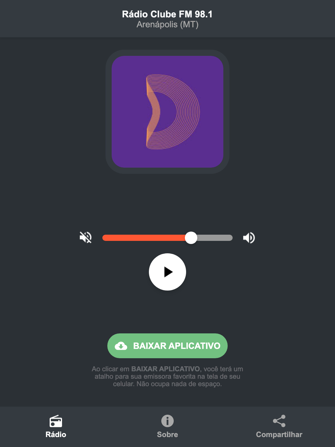 Screenshot do aplicativo da Rádio Clube FM 98.1