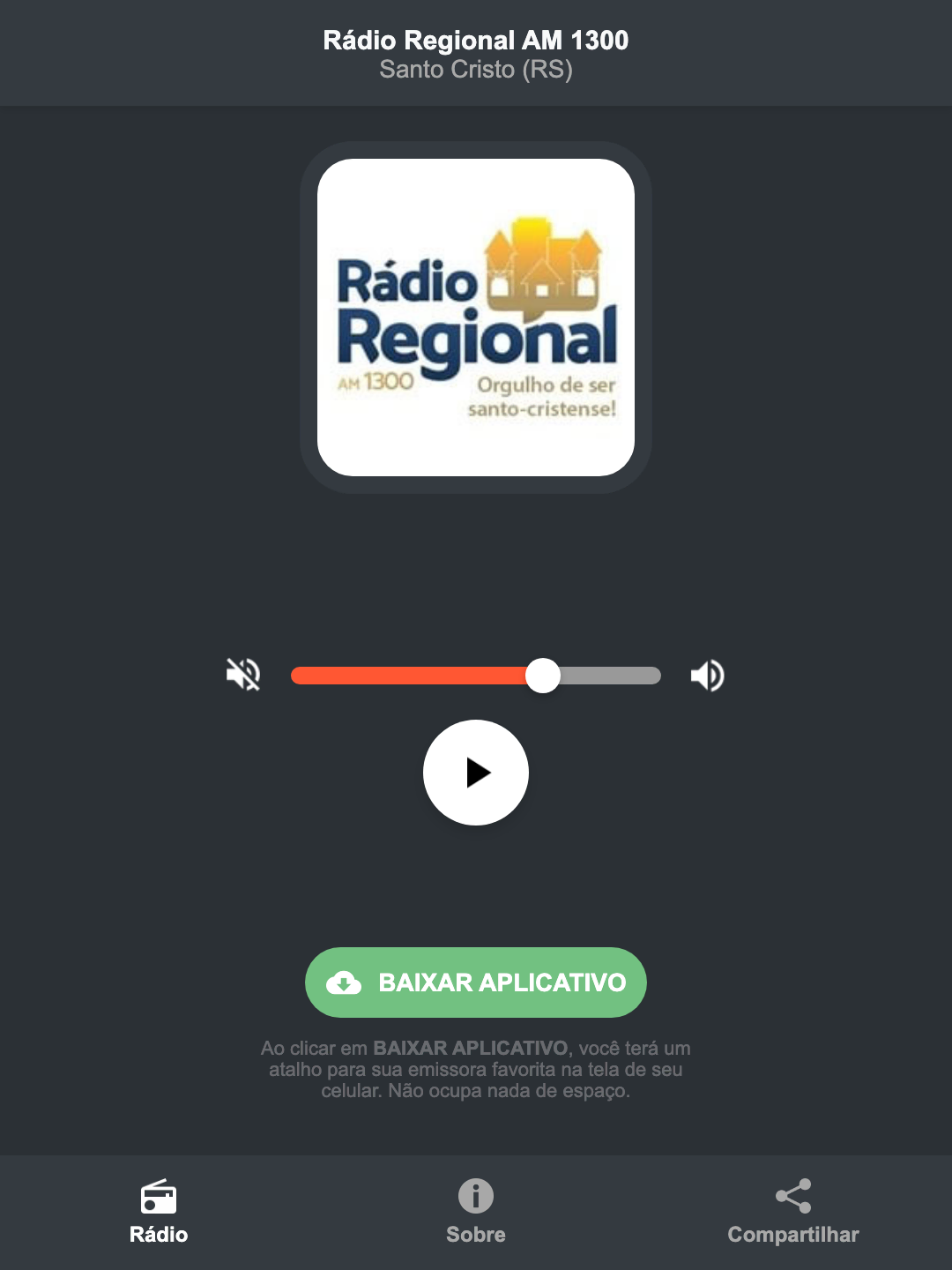 Screenshot do aplicativo da Rádio Regional AM 1300