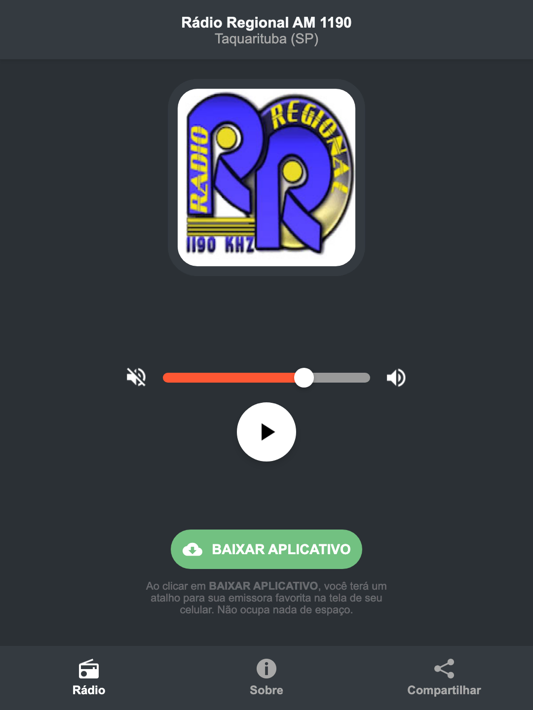 Screenshot do aplicativo da Rádio Regional AM 1190