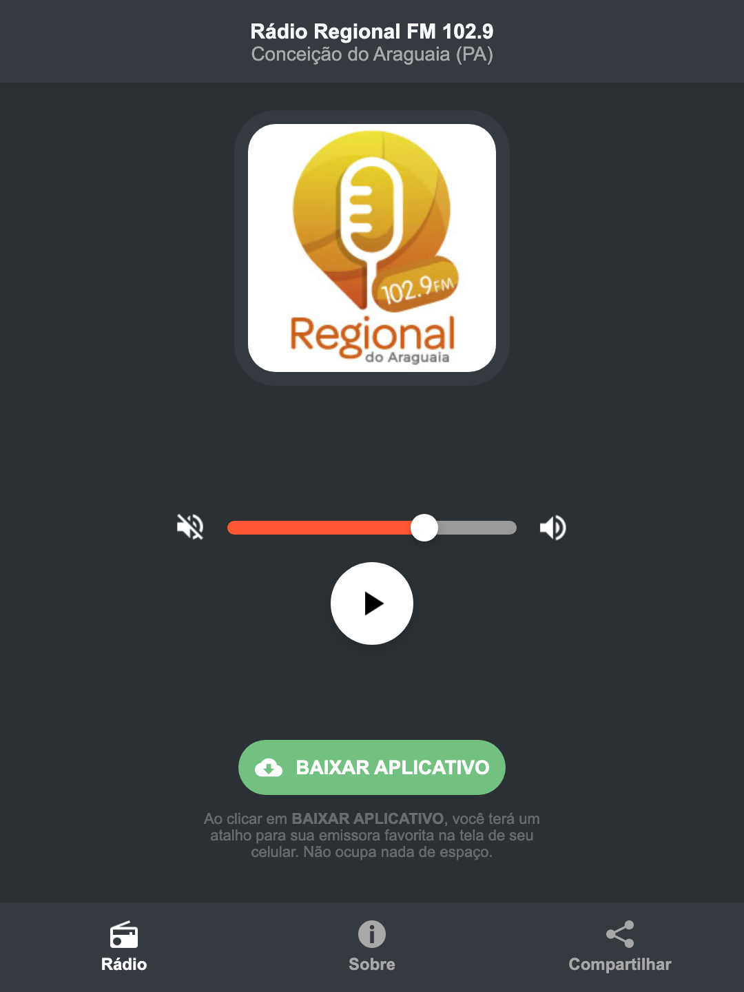Screenshot do aplicativo da Rádio Regional FM 102.9
