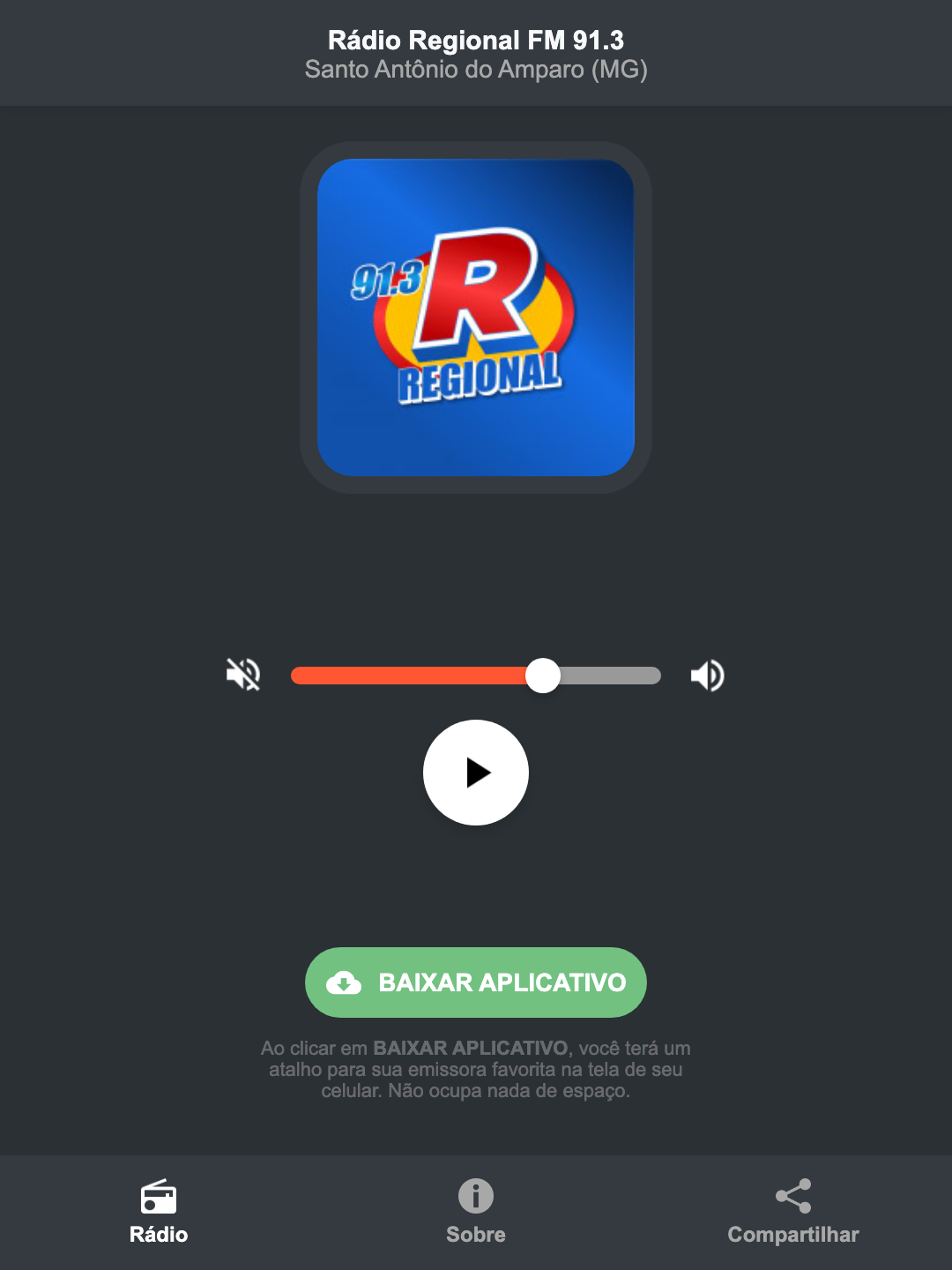 Screenshot do aplicativo da Rádio Regional FM 91.3