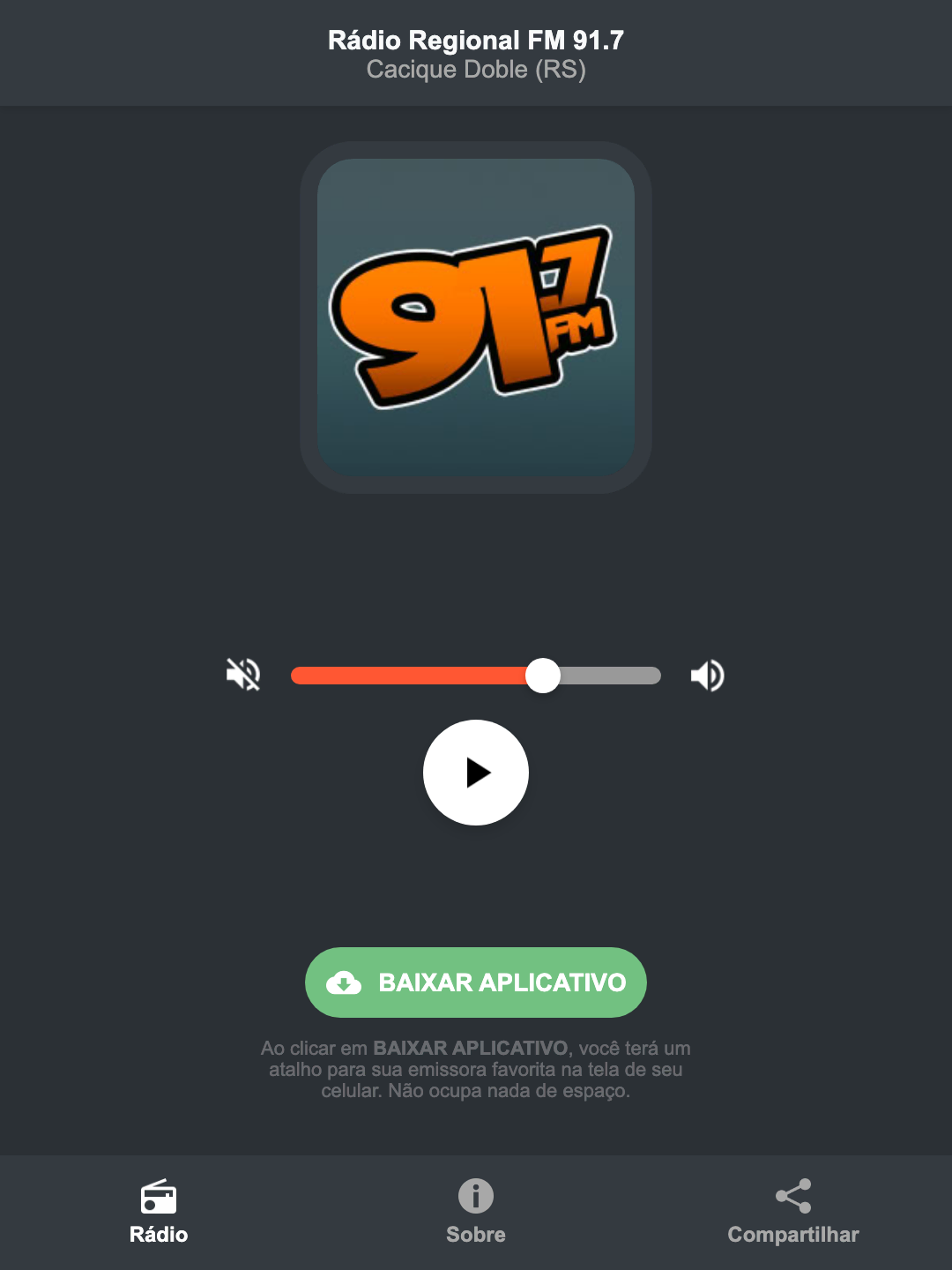 Screenshot do aplicativo da Rádio Regional FM 91.7