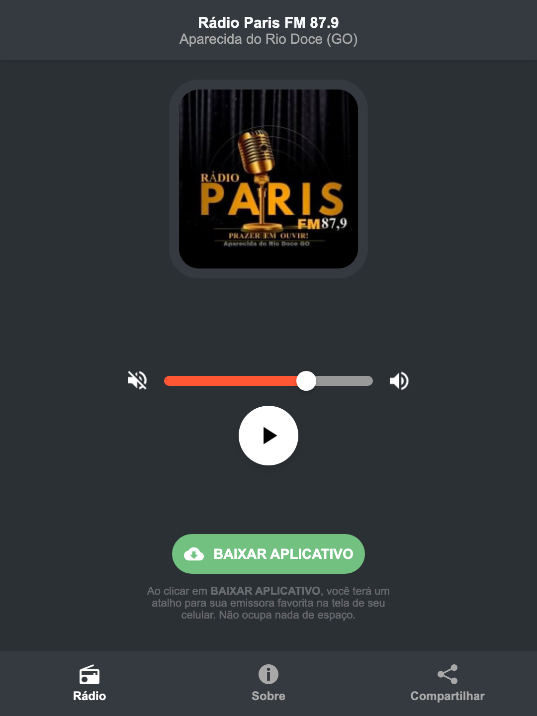Screenshot do aplicativo da Rádio Paris FM 87.9