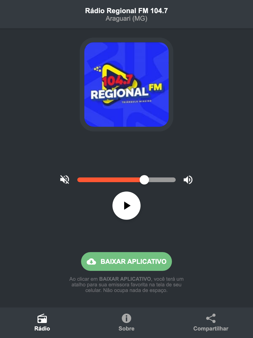 Screenshot do aplicativo da Rádio Regional FM 104.7