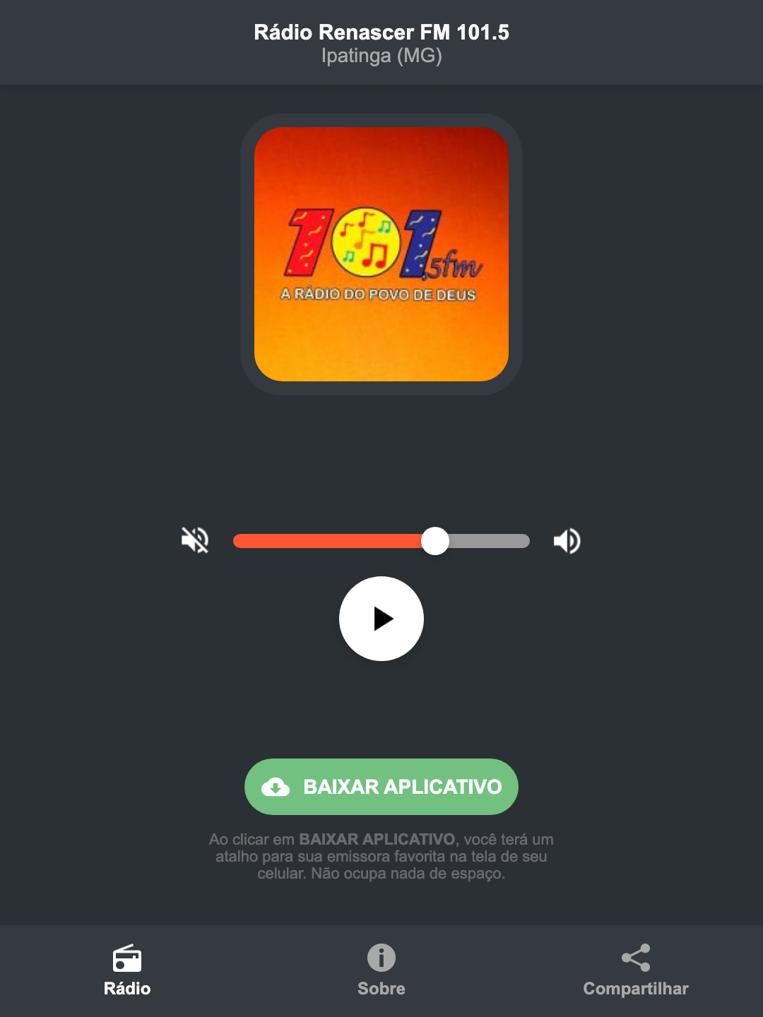 Screenshot do aplicativo da Rádio Renascer FM 101.5