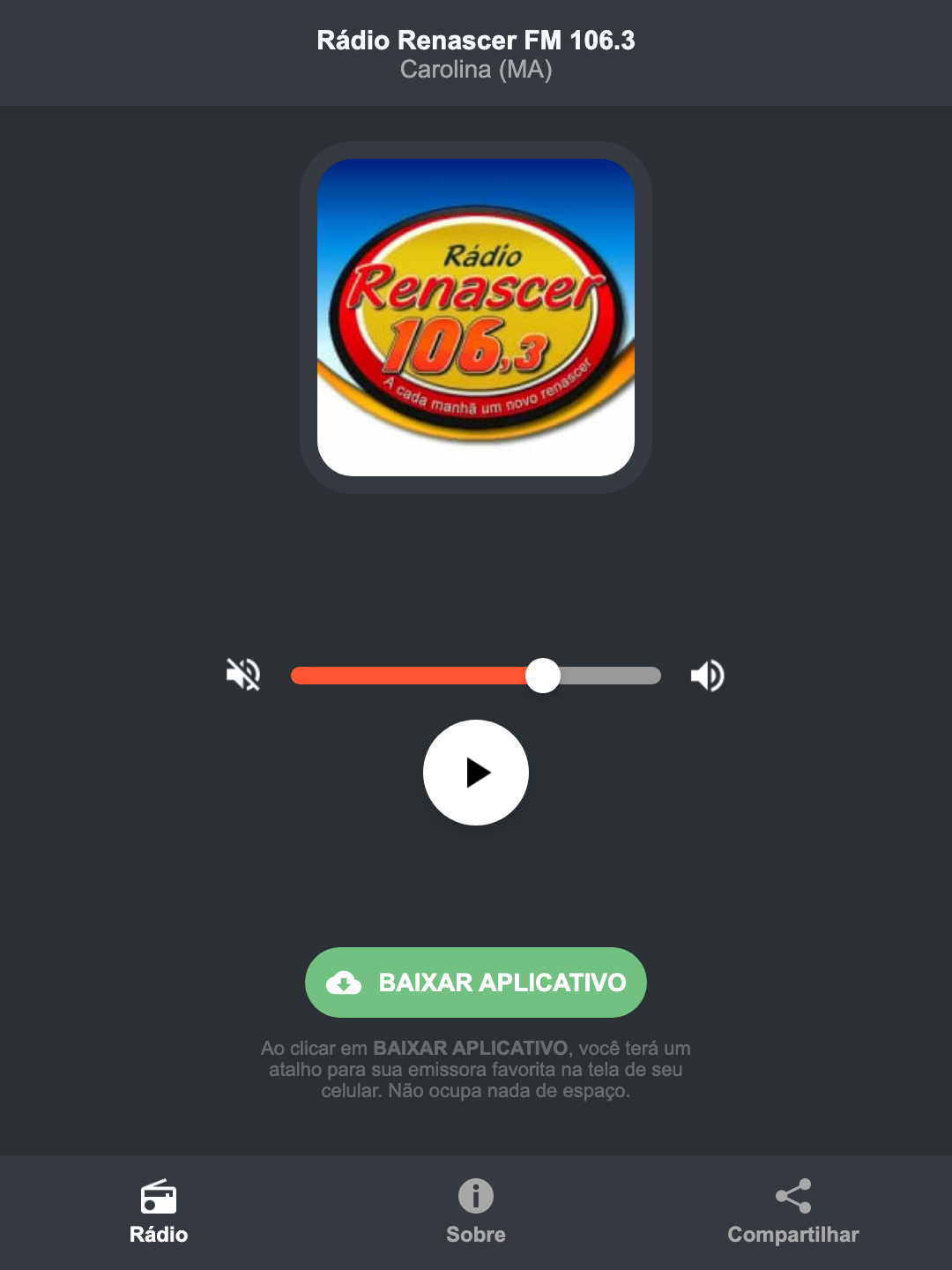 Screenshot do aplicativo da Rádio Renascer FM 106.3