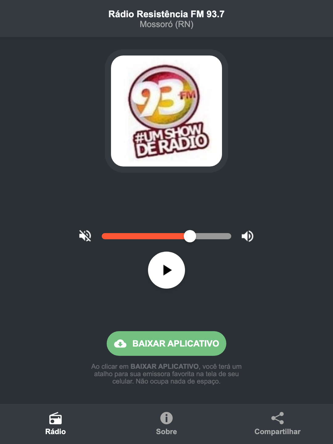 Screenshot do aplicativo da Rádio Resistência FM 93.7