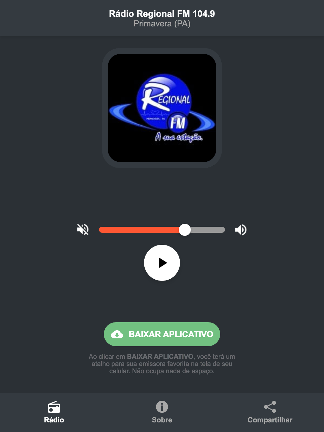 Screenshot do aplicativo da Rádio Regional FM 104.9