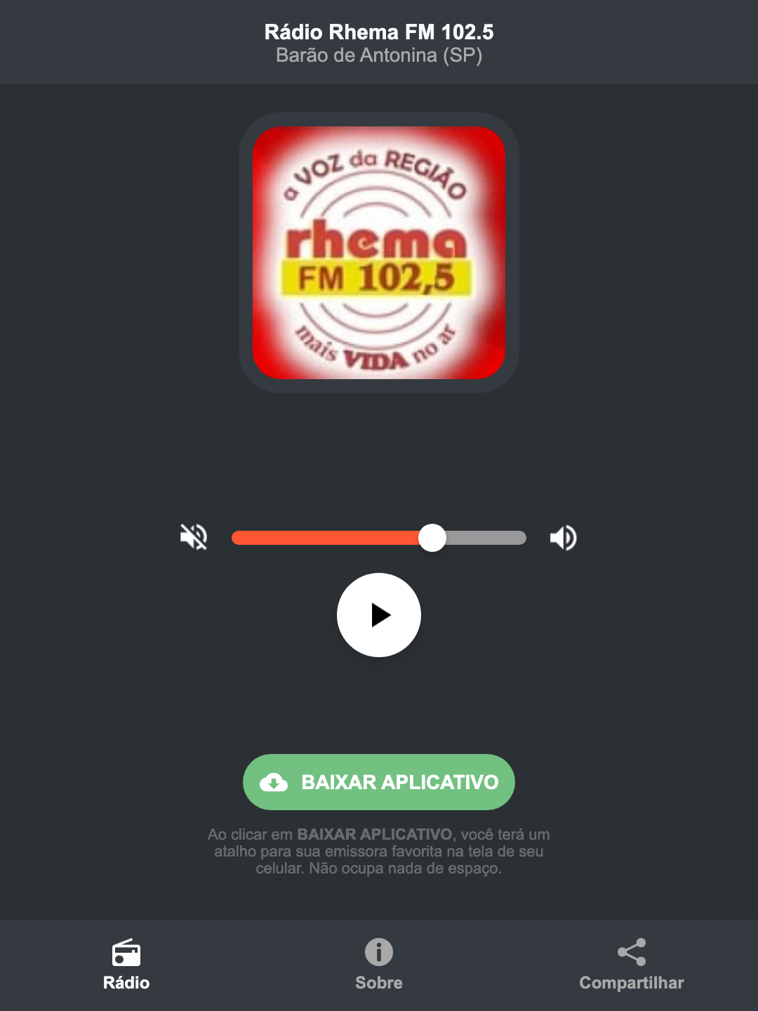 Screenshot do aplicativo da Rádio Rhema FM 102.5