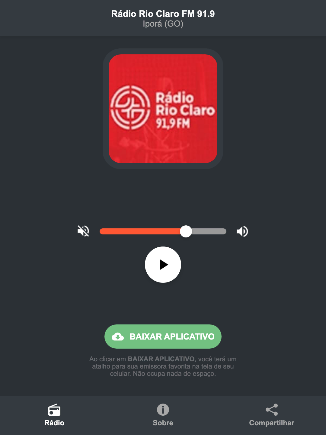 Screenshot do aplicativo da Rádio Rio Claro FM 91.9