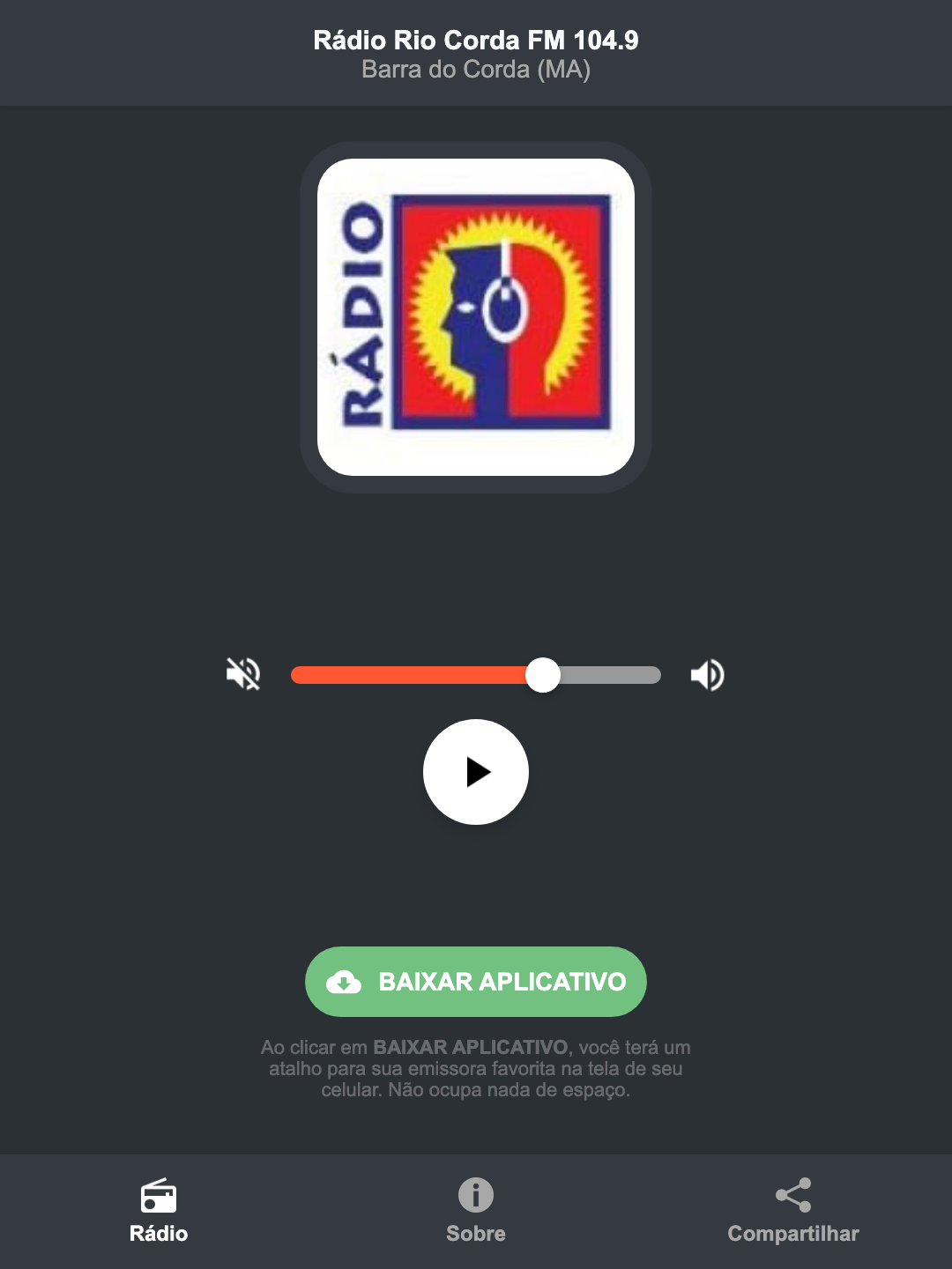 Screenshot do aplicativo da Rádio Rio Corda FM 104.9