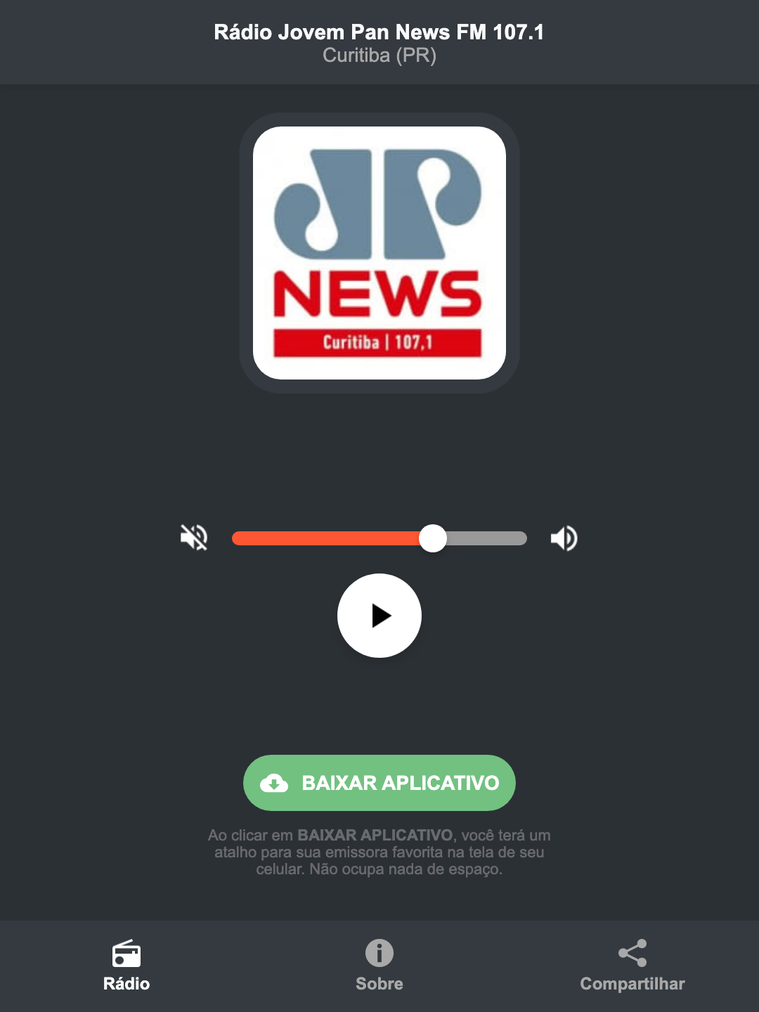 Screenshot do aplicativo da Rádio Jovem Pan News FM 107.1
