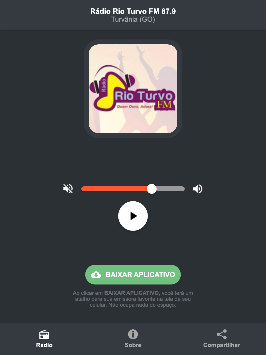 Screenshot do aplicativo da Rádio Rio Turvo FM 87.9