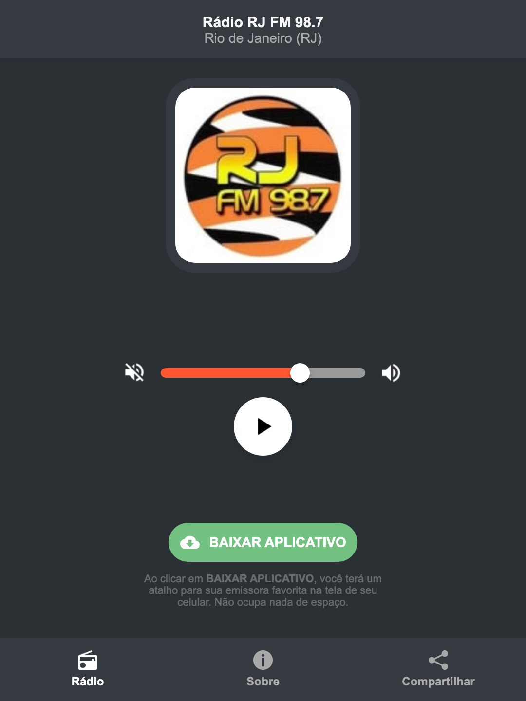 Screenshot do aplicativo da Rádio RJ FM 98.7