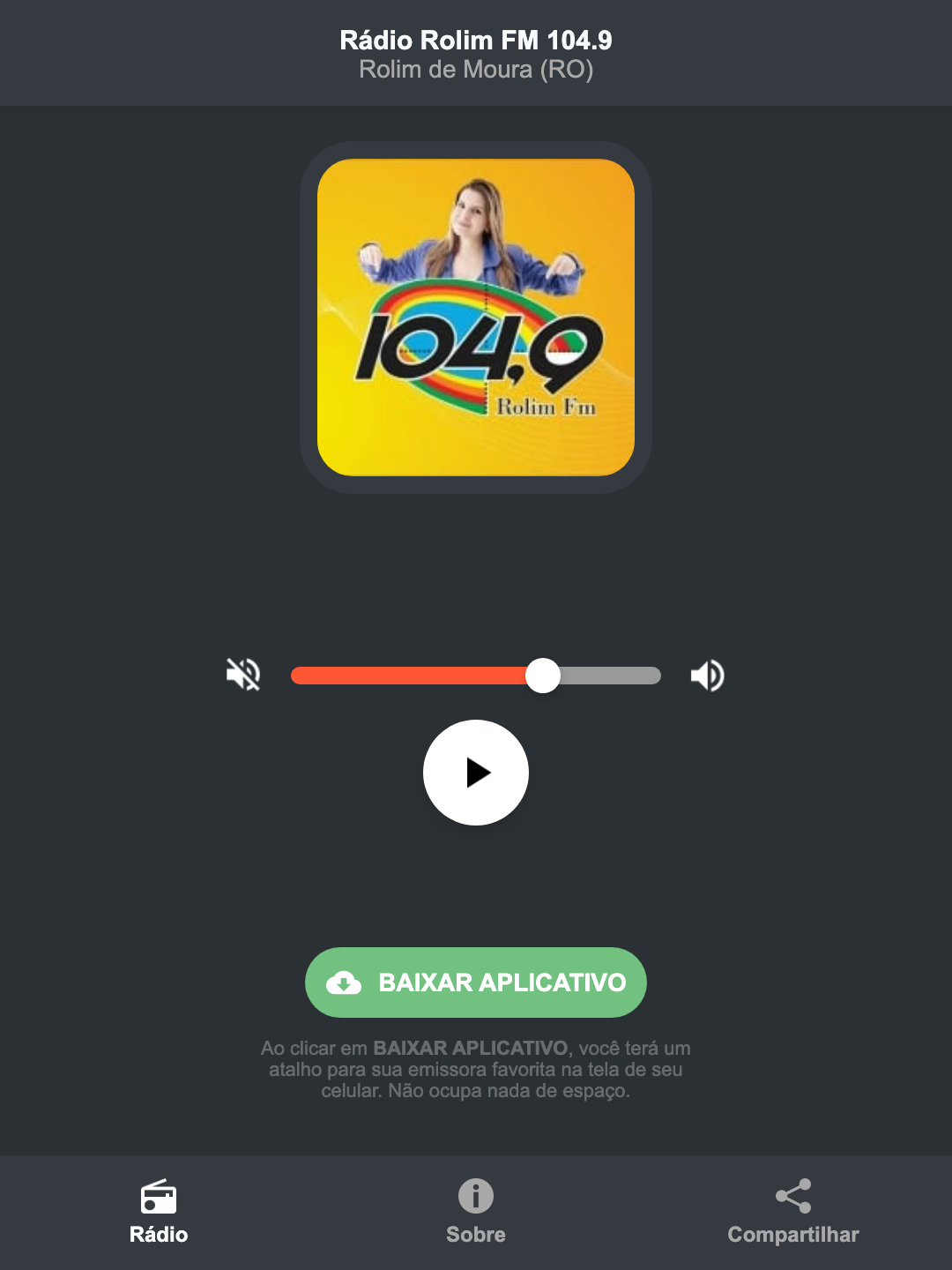 Screenshot do aplicativo da Rádio Rolim FM 104.9