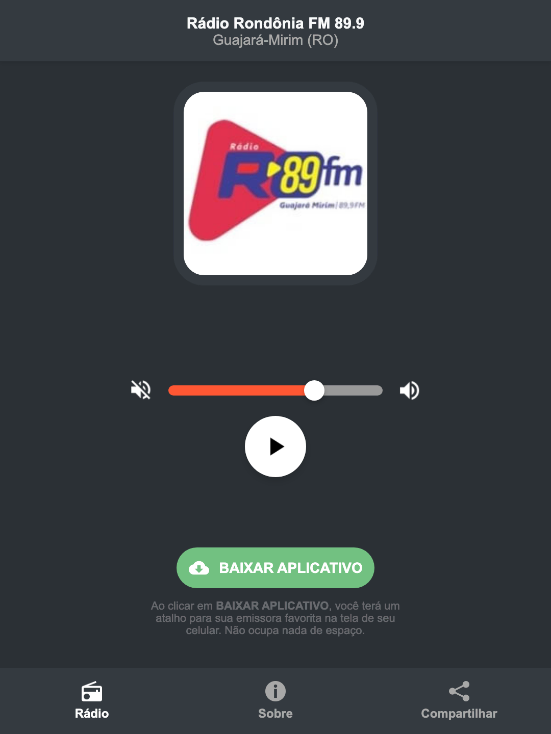 Screenshot do aplicativo da Rádio Rondônia FM 89.9