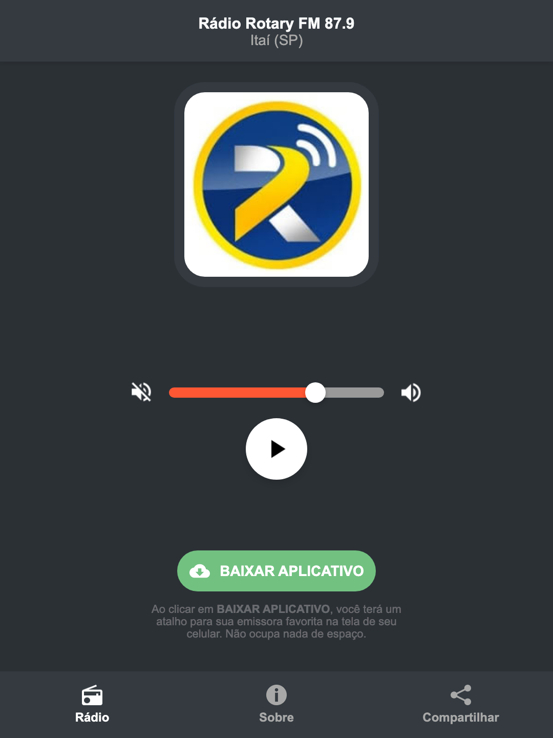 Screenshot do aplicativo da Rádio Rotary FM 87.9