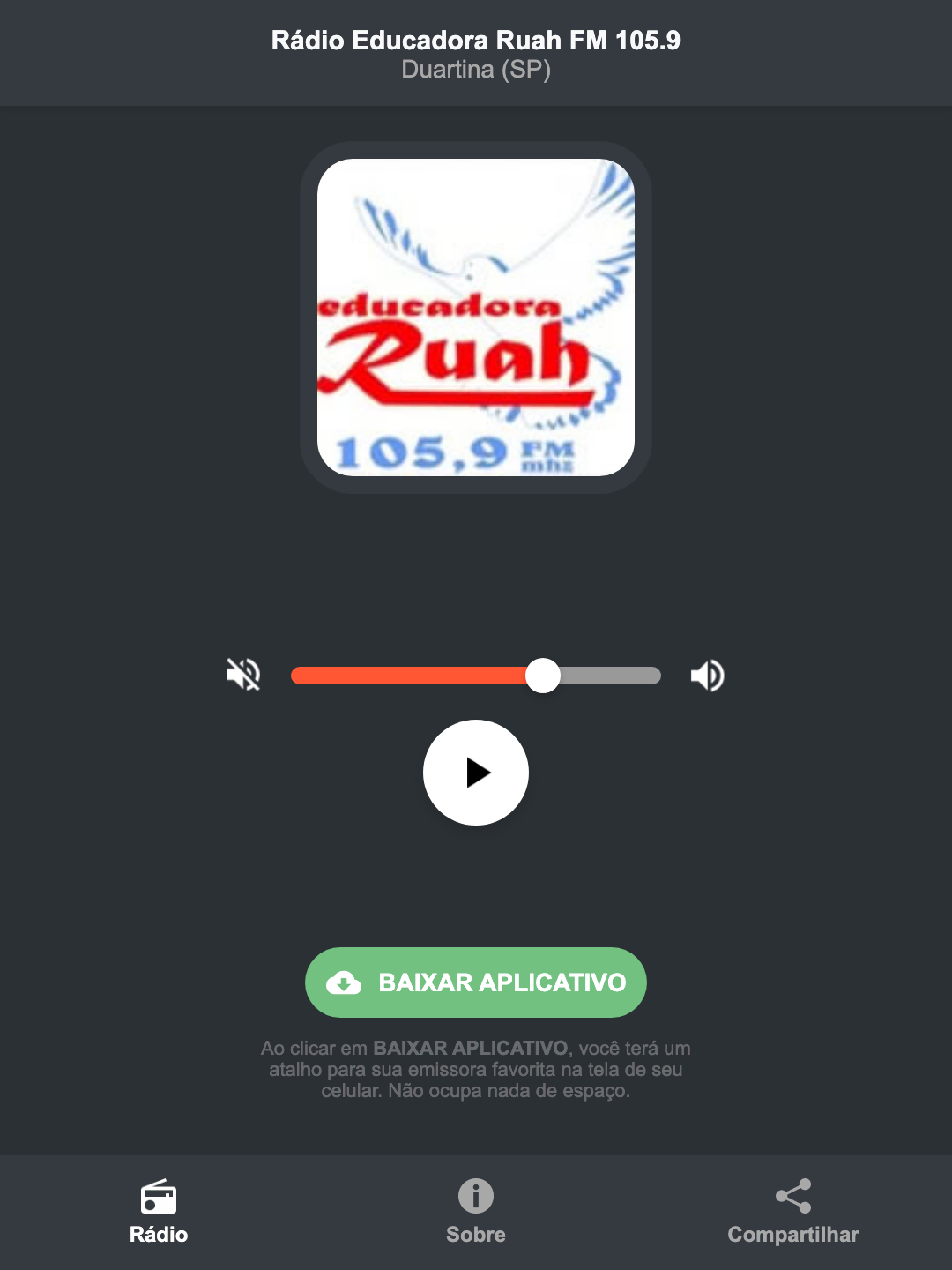 Screenshot do aplicativo da Rádio Educadora Ruah FM 105.9