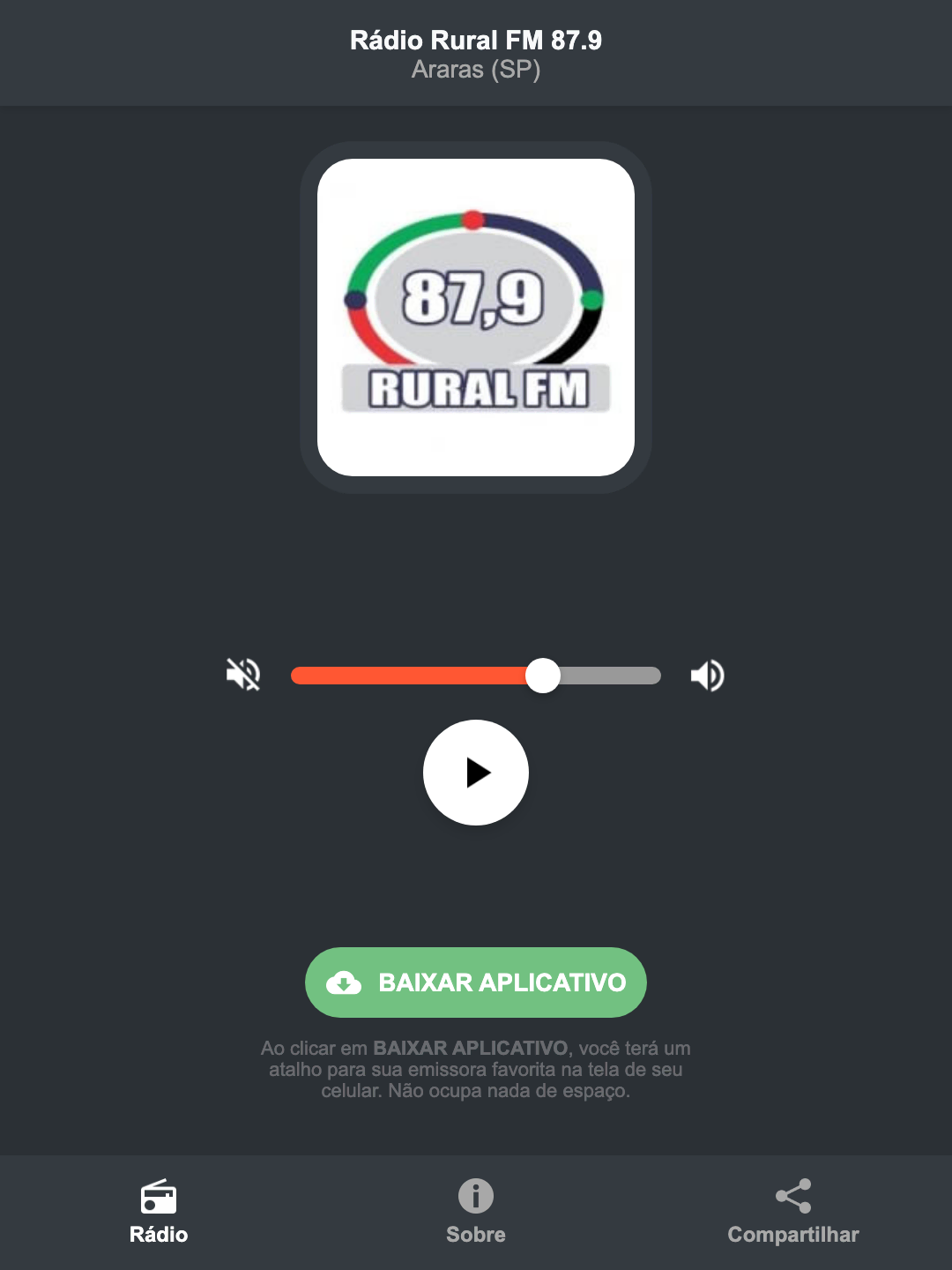 Screenshot do aplicativo da Rádio Rural FM 87.9
